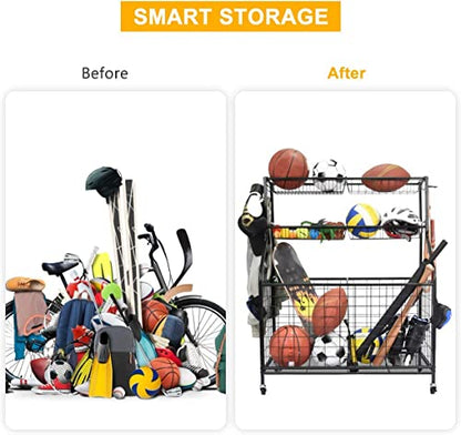 Heavy Duty Garage Sports Equipment Organizer, Ball Storage Rack, Sports Gear Basketball Storage with Baskets, Hooks, Steel Rolling Sports Cart, Outdoor/Indoor Schools, Gyms, Gymnasium, Black