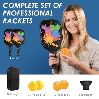 Pickle Ball Set Pickleball Paddles Set of 2 Carbon Fiber Pickleball Paddle Includes 4 Balls, 2 Ball Pickers, 1 Ball Bag Best Gifts for Junior and Professional Pickleball Equipment - color: Colorful