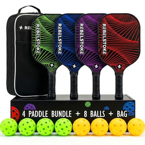 Pickleball Paddles Set of 4 – Premium Fiberglass Paddle Set with 14mm Polypropylene Honeycomb Core – Complete Bundle with 8 Indoor/Outdoor Balls & Carry Bag – for Beginners to Advanced - style: Abstract Lines