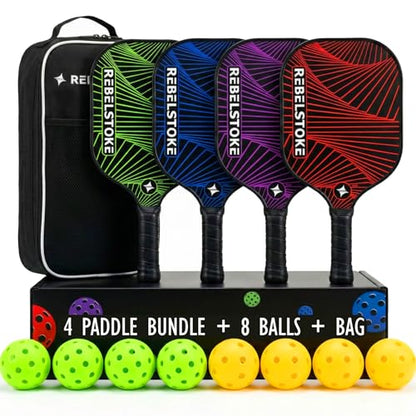 Pickleball Paddles Set of 4 – Premium Fiberglass Paddle Set with 14mm Polypropylene Honeycomb Core – Complete Bundle with 8 Indoor/Outdoor Balls & Carry Bag – for Beginners to Advanced - style: Abstract Lines