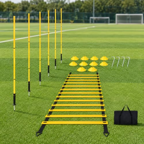 PVC Agility Ladder, 6m Speed and Agility Kit, 10 Training Cones & 6 Marker Poles, Sports Training Set with Carry Bag for Football