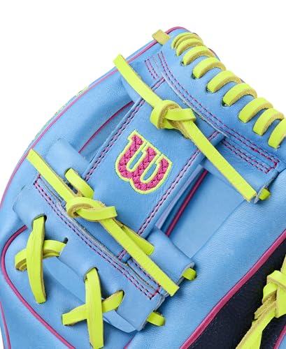 Wilson Spring 2026 A2000® Baseball Gloves - color: Sky Blue/Navy/Optic Yellow, size: Infield: 11.5"