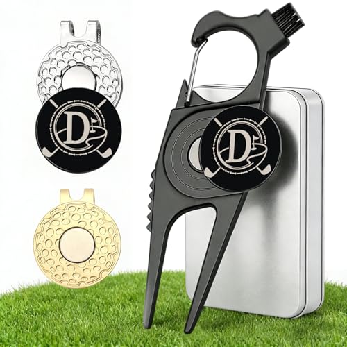 Golf Divot Repair Tool with 2 Personalized Letter Ball Marker& 2 Magnetic Hat Clip, 7-in-1: Club Holder/Brush/Groove Cleaner/Bottle Opener, Golf Accessories Gift for Men Women Golfer Father - color: Letter D Set