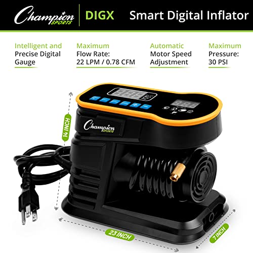 Champion Sports Digital Air Pump - Electronic Inflator for Sports Balls - Portable, Smart Ball Pump for Basketball, Soccer Ball, Football, Volleyball - Comes with Pressure Gauge and 3 Needle Tips