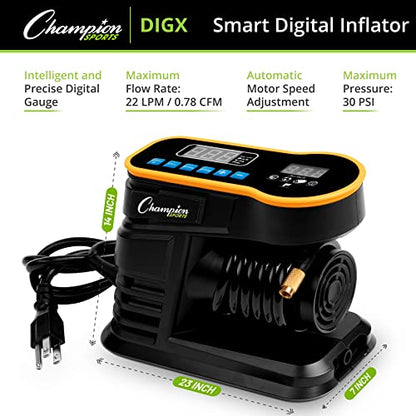 Champion Sports Digital Air Pump - Electronic Inflator for Sports Balls - Portable, Smart Ball Pump for Basketball, Soccer Ball, Football, Volleyball - Comes with Pressure Gauge and 3 Needle Tips