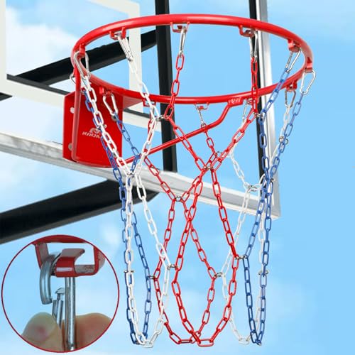 Basketball Net Heavy Duty Replacement,Carbon Steel Chain Basketball net, Anti-Rust Use Indoor Outdoor Standard 12 Loops Hoop - color: blue/red/white