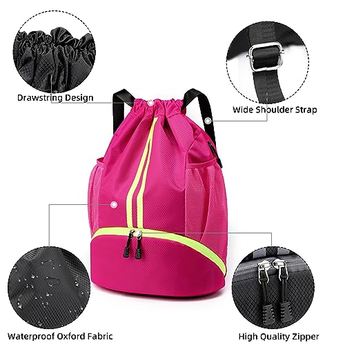 Valleycomfy Sports Drawstring Backpack - Water Resistant String Bag with Side Mesh Pockets Shoe Compartment Gym Backpack for Women & Men Rose - color: A-rose