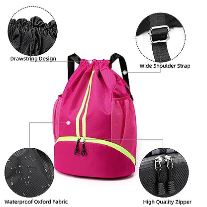 Valleycomfy Sports Drawstring Backpack - Water Resistant String Bag with Side Mesh Pockets Shoe Compartment Gym Backpack for Women & Men Rose - color: A-rose