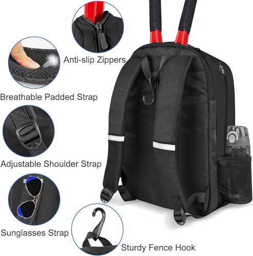 Ytonet Tennis Bag Tennis Backpack for Women Men 2 Rackets with Insulated Pocket Ventilated Shoe Compartment - color: Black