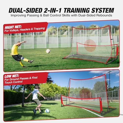 WARMOUNTS 2-in-1 Soccer Rebounder Net, 6x4.7ft Dual-Sided Soccer Trainer for Shooting & Passing Practice, Portable Soccer Kickback Net with Metal Stakes & Carry Bag for Kids/Adults
