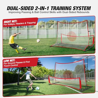 WARMOUNTS 2-in-1 Soccer Rebounder Net, 6x4.7ft Dual-Sided Soccer Trainer for Shooting & Passing Practice, Portable Soccer Kickback Net with Metal Stakes & Carry Bag for Kids/Adults