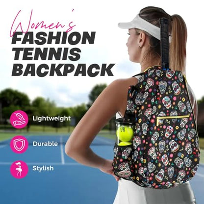 Womens Tennis Backpack - Taboo Fashions Ladies Tennis Bag Holds Two Racquets, Padded Straps and Side Carry Handle - color: Black, White, Gold, Pink, Various