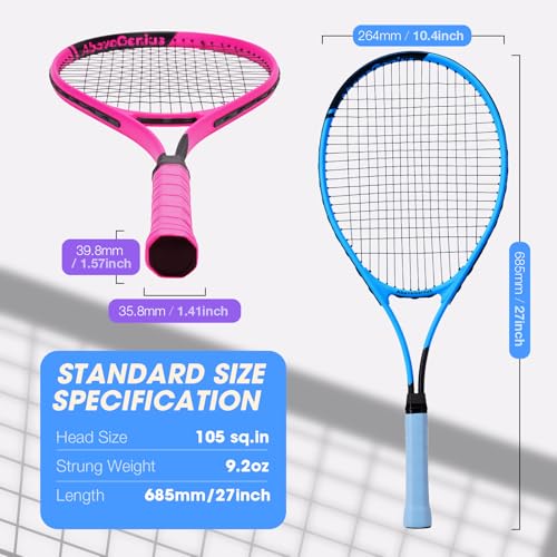 AboveGenius Neon Tennis Rackets 2 Pack for Adults- 27" Lightweight Aluminum Tennis Racquet Set with 3 Balls & Bag- Vibrant High-Visibility Matte Finish for Men Women Beginners - color: Pink/Blue