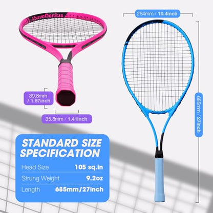 AboveGenius Neon Tennis Rackets 2 Pack for Adults- 27" Lightweight Aluminum Tennis Racquet Set with 3 Balls & Bag- Vibrant High-Visibility Matte Finish for Men Women Beginners - color: Pink/Blue
