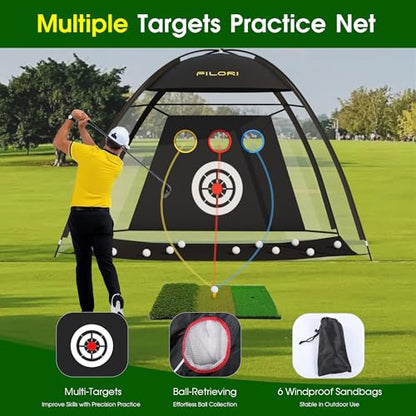 FILORI Golf Practice Net 10x7FT Heavy-Duty Golf Hitting Net with Tri-Turf Mat, 8 Balls, Tee & Carry Bag, Indoor/Outdoor Backyard Training for Driving Chipping Swing, Ideal Gifts for Men Dad Golfer