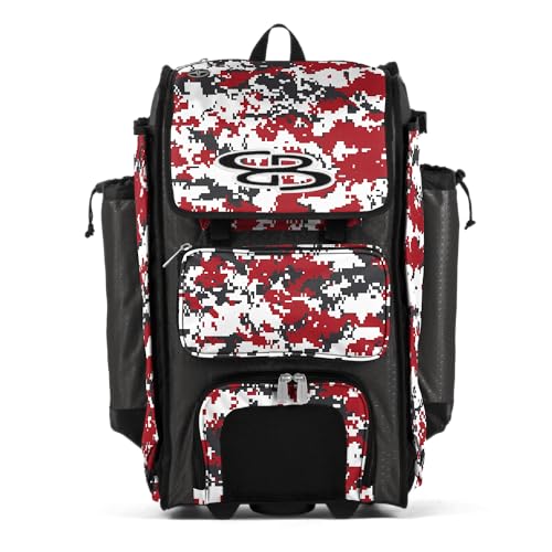 Boombah Rolling Catchers Superpack Baseball/Softball Gear Bag Digital Camo - 23-1/2" x 13-1/2" x 9-1/2" - Multiple Colors - Telescopic Handle and Holds 4 Bats - Wheeled Version - color: Charcoal/Red_C23