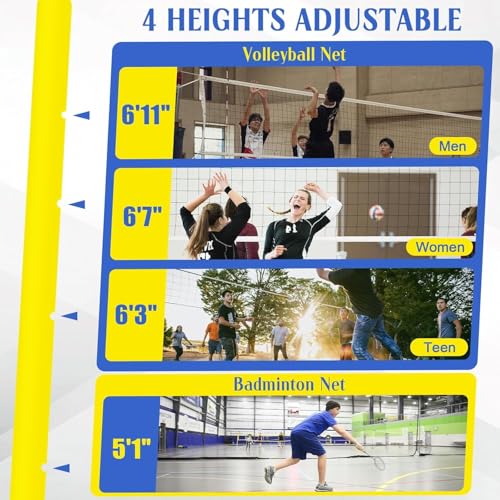 Indoor Volleyball Net, Heavy Duty Volleyball Net with Poles,Adjustable 4 Heights of 5ft-6.8ft with Wheels,for Backyard Outdoor School Gym