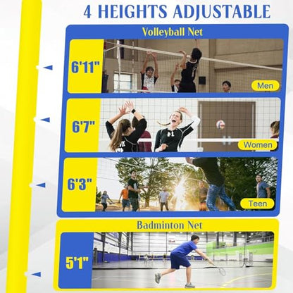 Indoor Volleyball Net, Heavy Duty Volleyball Net with Poles,Adjustable 4 Heights of 5ft-6.8ft with Wheels,for Backyard Outdoor School Gym