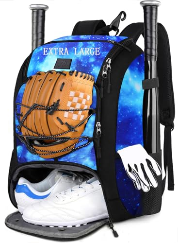 MATEIN Baseball Backpack, Softball Bat Bag with Shoes Compartment for Youth, Boys and Adult, Lightweight Baseball Bag with Fence Hook Hold TBall Bat, Batting Mitten, Helmet, Caps, Teeball Gear - color: Galaxy Blue, size: 47L