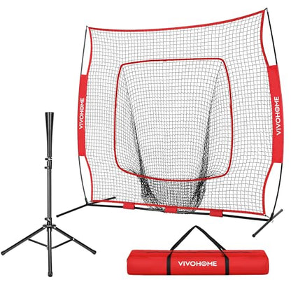 VIVOHOME Baseball Softball Batting Net - 7x7 Ft Baseball Backstop, Softball Practice Net for Hitting, Pitching, Throwing with Batting Tee and Carry Bag - style: 7 x 7 ft Red Net with Tee