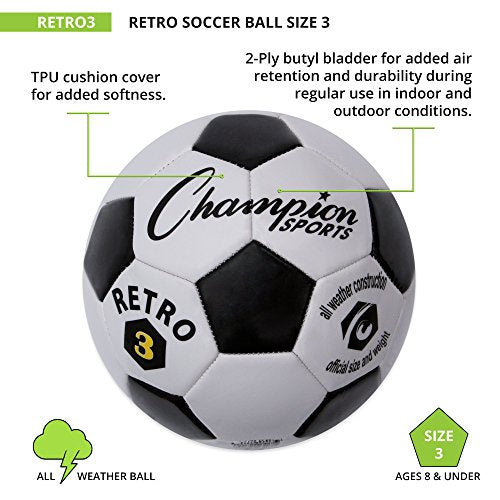 Champion Sports Retro Soccer Ball – Sizes 3, 4, 5, Soft Touch, All Weather, Official Size & Weight Ball for Training, Games, Outdoor & Indoor Play - size: Size 3