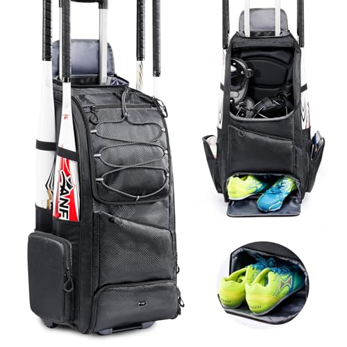 Large Rolling Baseball Catchers Gear Bag with Wheels, Softball Bag with Hard Backing for 4 Bats,Equipment Bag with Separate Shoe & Helmet Compartments, Youth Baseball Bag with 360° Spinner Wheels - color: Black - Style A - Integrated Rolling System, size: