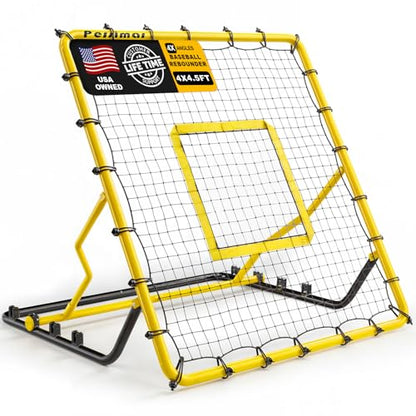 Baseball Rebounder Net,4x4.5FT Multi-Sport Pitch Back Rebounder Steel Frame with 4 Adjustable Angles, 40pcs Bungees Soccer, Volleyball&Lacrosse Trainer for Solo Fielding - color: Yellow