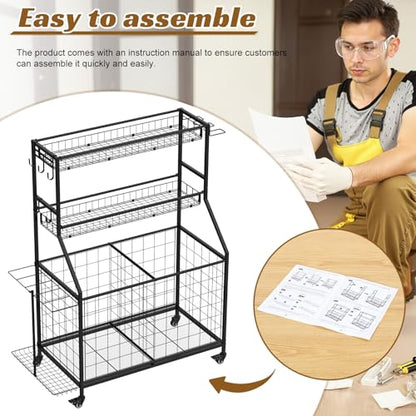 Outdoor Storage Sports Equipment Organizer, 3-Tier Heavy Duty Rolling Cart with Lockable Wheels, Removable Mesh Baskets & Bottom Bin for Balls, Bats, and Gear A