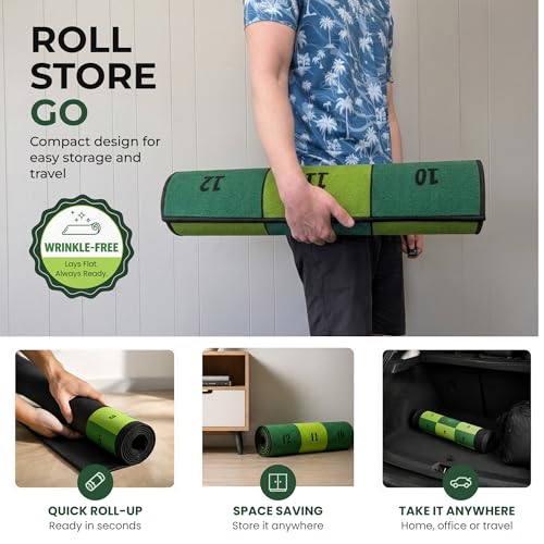 Golf Putting Mat: Indoor Putting Green with 4 Cups and Target Zones - Portable Golf Training Aid and Capture the Cup Putting Game - color: 9ft x 2.5ft Green & Black