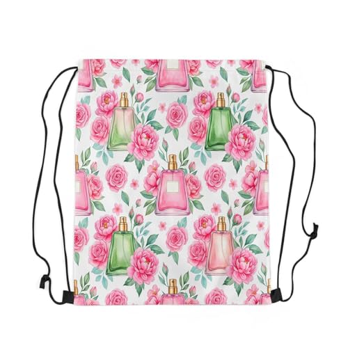Castle Fairy Pink Flowers Perfume Drawstring Backpack Gym Bag,Beauty Fragrance Cinch Bag,Princess Style Foldable Draw String Back Bags Sports Bags,Pink Green - color: Pink Green