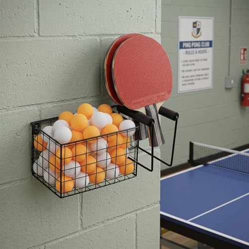 MyGift 12 Inch Wide Table Tennis Equipment Organizer Rack, Wall Mounted Metal Paddle Holder with Ping Pong Ball Storage 5 x 5 Inch Size Basket