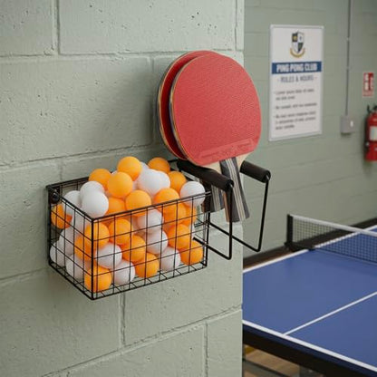 MyGift 12 Inch Wide Table Tennis Equipment Organizer Rack, Wall Mounted Metal Paddle Holder with Ping Pong Ball Storage 5 x 5 Inch Size Basket