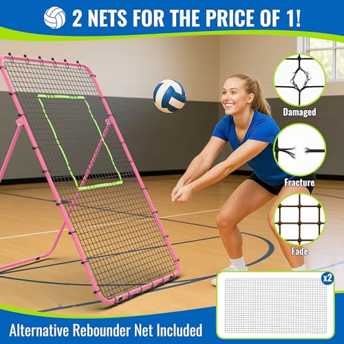 Volleyball Rebounder Net 7x4 FT, 5-Angle Adjustable Bounce Back Net, Steel Frame & PE Training Net for Volleying/Spiking, Rust-Resistant & Durable – w/Travel Bag, 2 NETS - color: Pink + Green