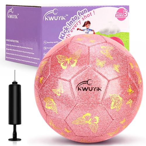 Soccer Ball Size 3 4 Purple Pink Glitter Butterfly Football for Kids Sparkle Gift for Boys Girls Toddlers Aged 3-8 8-12 Easter Birthday Present for Youth Kids Indoor Outdoor Practice - color: Pink Glitter Butterfly, size: size 3