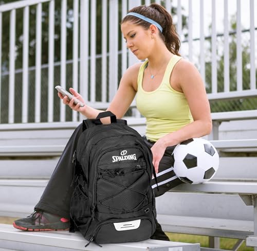 Spalding Soccer Backpack Sports Bag, Black Soccer Bag with Ball and Shoe Compartment, Use for Track Bags, Basketball Sport Ball Accessories & Stuff, Gifts for Sports Players