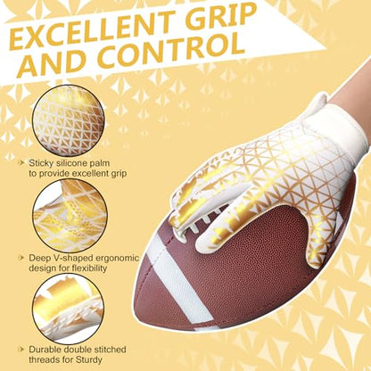 Kids Football Gloves, Excellent Grip Youth Football Receiver Gloves with Sticky Silicone Anti-Slip Elastic Breathable, Best Gift for Boys Girls - color: Gold & White, size: Kid-M/L(6-6.5 Inch)