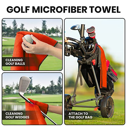 Golf Towel Pack - 3 Microfiber Waffle Pattern Golf Towels Including Golf Club Brush and Groove Cleaner Divot Repair Tool - color: Red