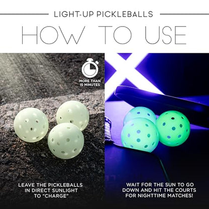 Franklin Sports Glow in The Dark Outdoor Pickleballs - Light Up Pickleball Balls for Nighttime Pickleball - Glow in The Dark Green Pickleball Balls - Charge in Indoor Light + Sunlight