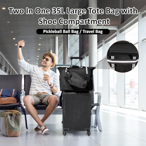 Pickleball Bag for Women Men,Pickleball Tote Bag with Shoe Compartment - color: Black