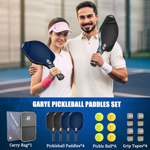 GARYE Pickleball Paddles Set of 4, Carbon Fiber Pickle Ball Paddle, USAPA Approved Lightweight Rackets 4 Pack for Adults and Teenagers, Includes 6 Balls, 1 Bag, and 4 Grip Tapes