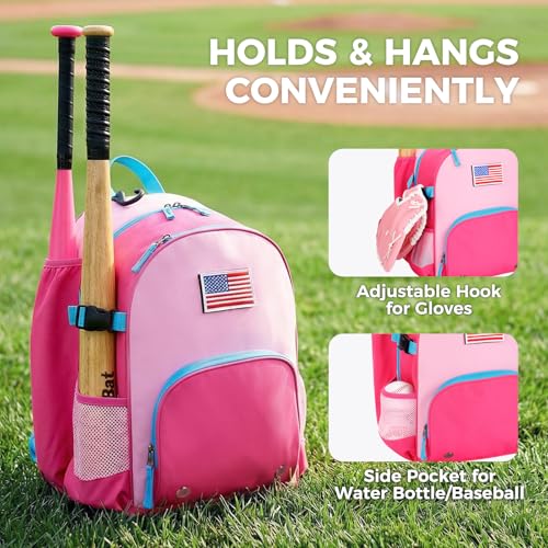 Choco Mocha TBall Bag for Toddler, Kids Baseball & Softball Backpack with Bat Holder - color: Blue Pink