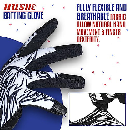 Hushe' American Flag Batting Gloves & Softball Gloves USA Flag Baseball Batting Gloves Youth Kids Baseball Batting Glove for Youth Men Adult & Unisex. - color: Black Eagle, size: Youth Large