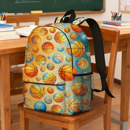 Kids Youth Basketball Backpack 16 Inch, School Bookbag for Boys Girls, Watercolor Orange Blue Print, Lightweight Polyester Daypack with Side Pocket, Front Zipper, Padded Straps, 15.4x11.8x4.7 in - color: Basketball