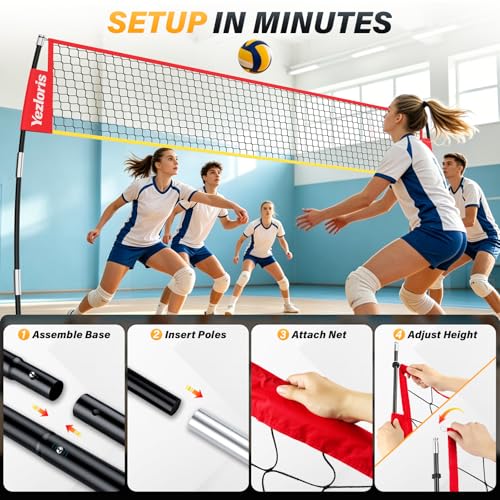 12ft Freestanding Volleyball Net – Height Adjustable 7.4ft/8ft for Men & Women, Durable Fiberglass Poles, 4-Minute Quick Setup – Includes Carry Bag & Stakes for Backyard, Gym, Beach
