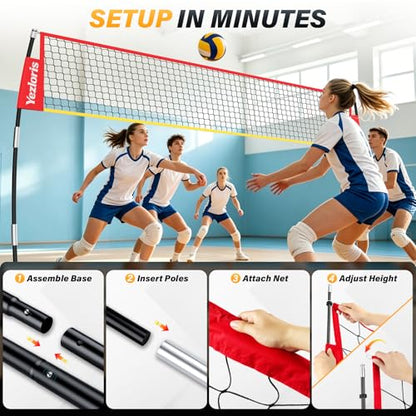 12ft Freestanding Volleyball Net – Height Adjustable 7.4ft/8ft for Men & Women, Durable Fiberglass Poles, 4-Minute Quick Setup – Includes Carry Bag & Stakes for Backyard, Gym, Beach