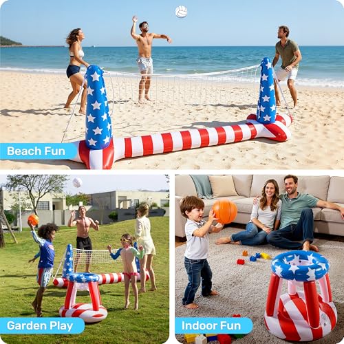 Inflatable Pool Floats Set American Flag Volleyball Net & Basketball Hoops, Swimming Pool Game Toy for Kids and Adults, Floating, Volleyball Court (105”x35”)|Basketball (27”x23”), Red White