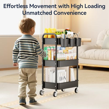 YASONIC 3 Tier Rolling Cart - Metal Utility Cart with Wheels, Hanging Cups, Hooks, Heavy Duty Mesh Rolling Storage Cart Organizer, Craft Cart for Kitchen Office, Lightweight and Sturdy - color: Black