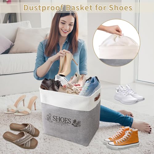 Shoe Basket Organizer, Large Capacity Fabric Entryway Shoe Storage Bin with Handle, Flodable Space-Saving Shoe Basket for Entryway, Hallway, Entryway and Mudroom - color: Gray, style: Leather Buckle