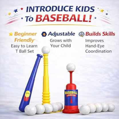 T Ball Stand for Kids and Toddlers 1-3, 3-5, 5-8. Baseball Set Includes 6 Large Balls, an Adjustable Tball Batting Tee, and a Pitching Machine. Kids Bat and Ball, T-Ball Sets for Kids