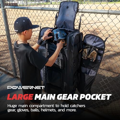 PowerNet Optimus Catcher's Bag, Rolling Equipment Bag Holds All Baseball & Softball Gear, 7 Internal Bat Sleeves, Cleat Compartment, Personalization Panel & Hooks - style: Pro